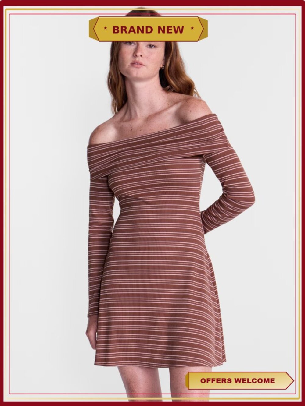 Off-The-Shoulder Long Sleeve Fit-and-Flare Mini Dress